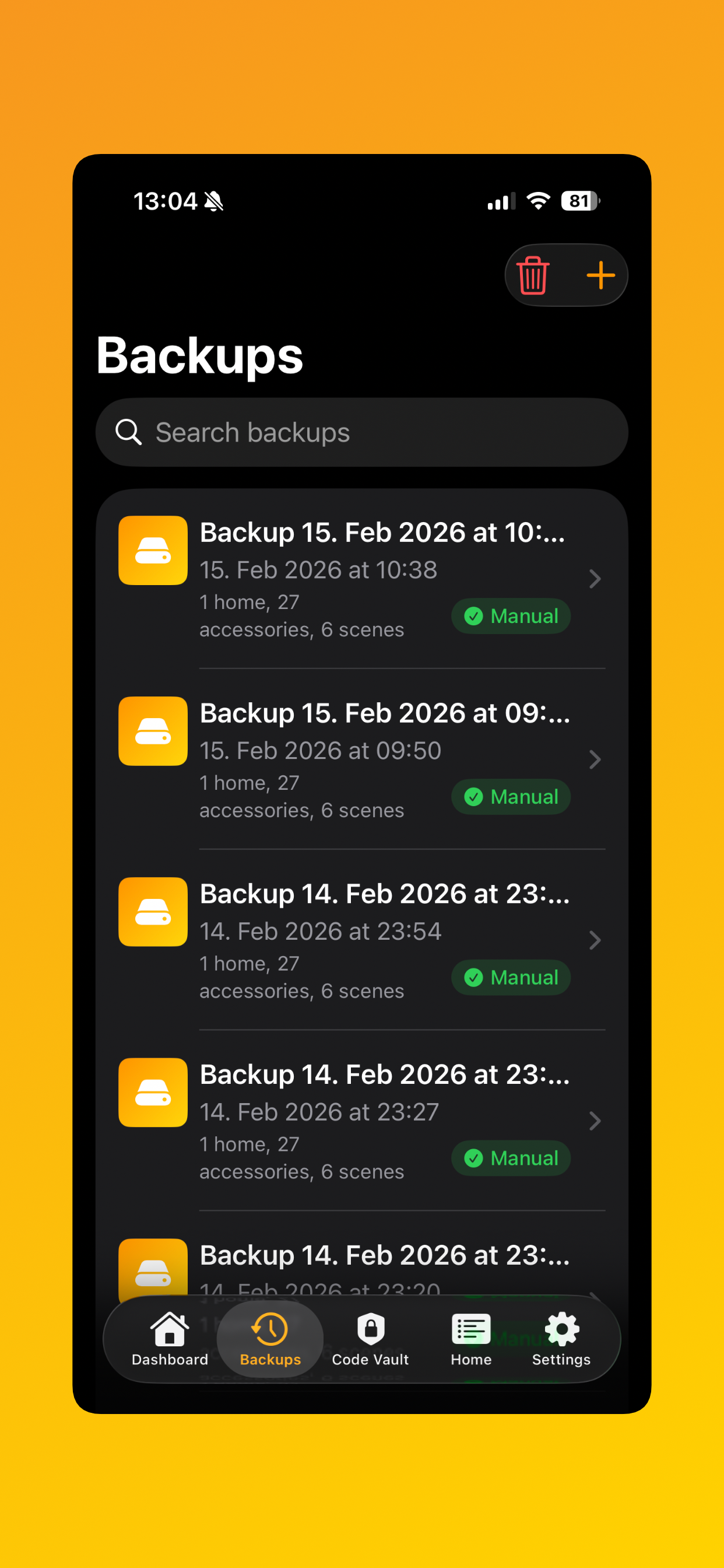 Timestamped list of HomeKit backup snapshots.