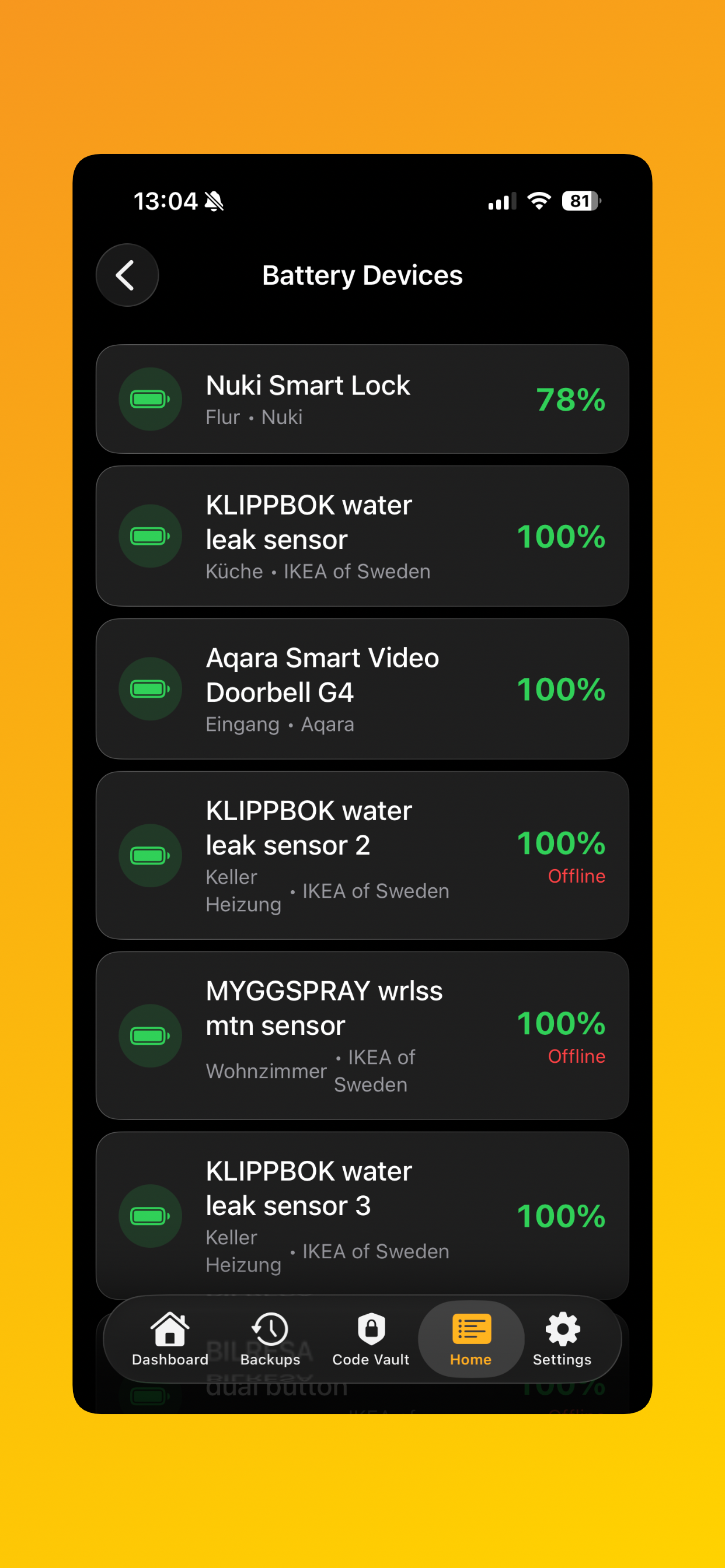 Battery levels for every HomeKit accessory with low-battery warnings.