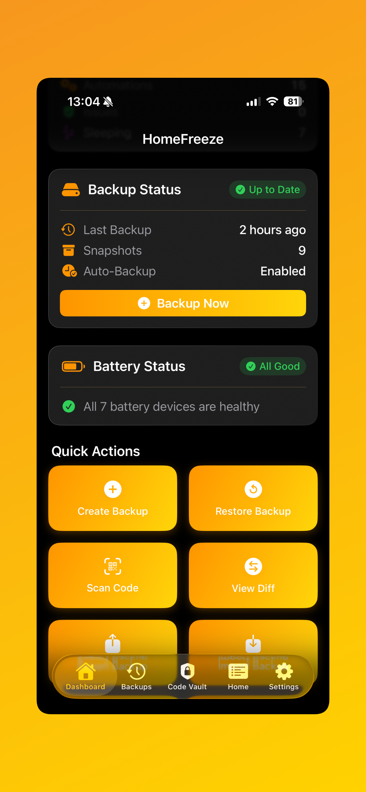 HomeFreeze dashboard showing backup status, battery health and quick actions.