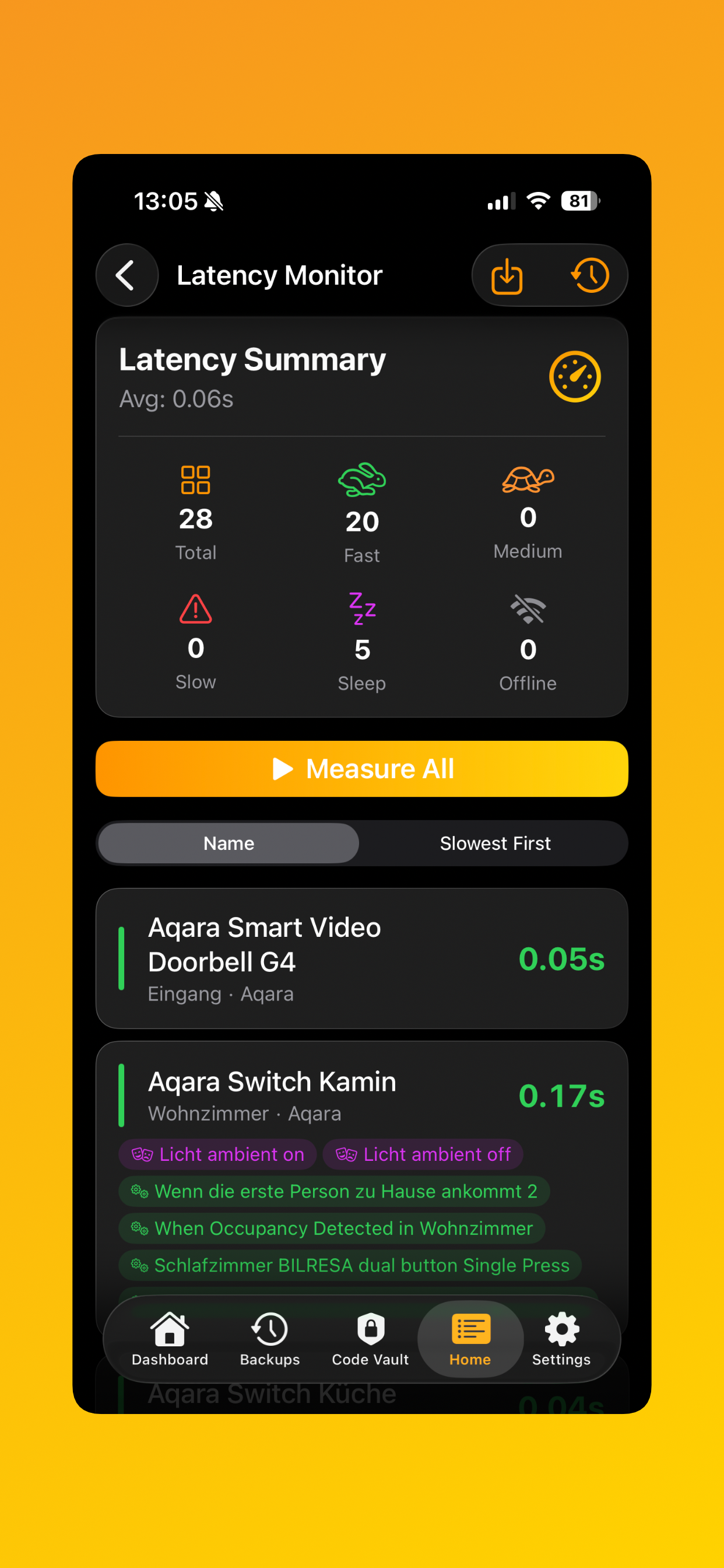 Latency Monitor with per-accessory response times and scene tags.